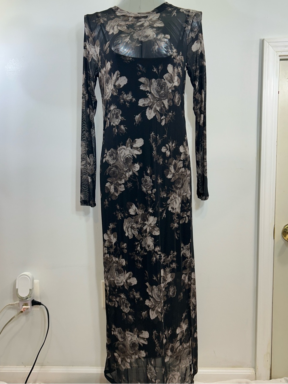 GAP Black Floral Sheer Long-Sleeve Maxi Dress